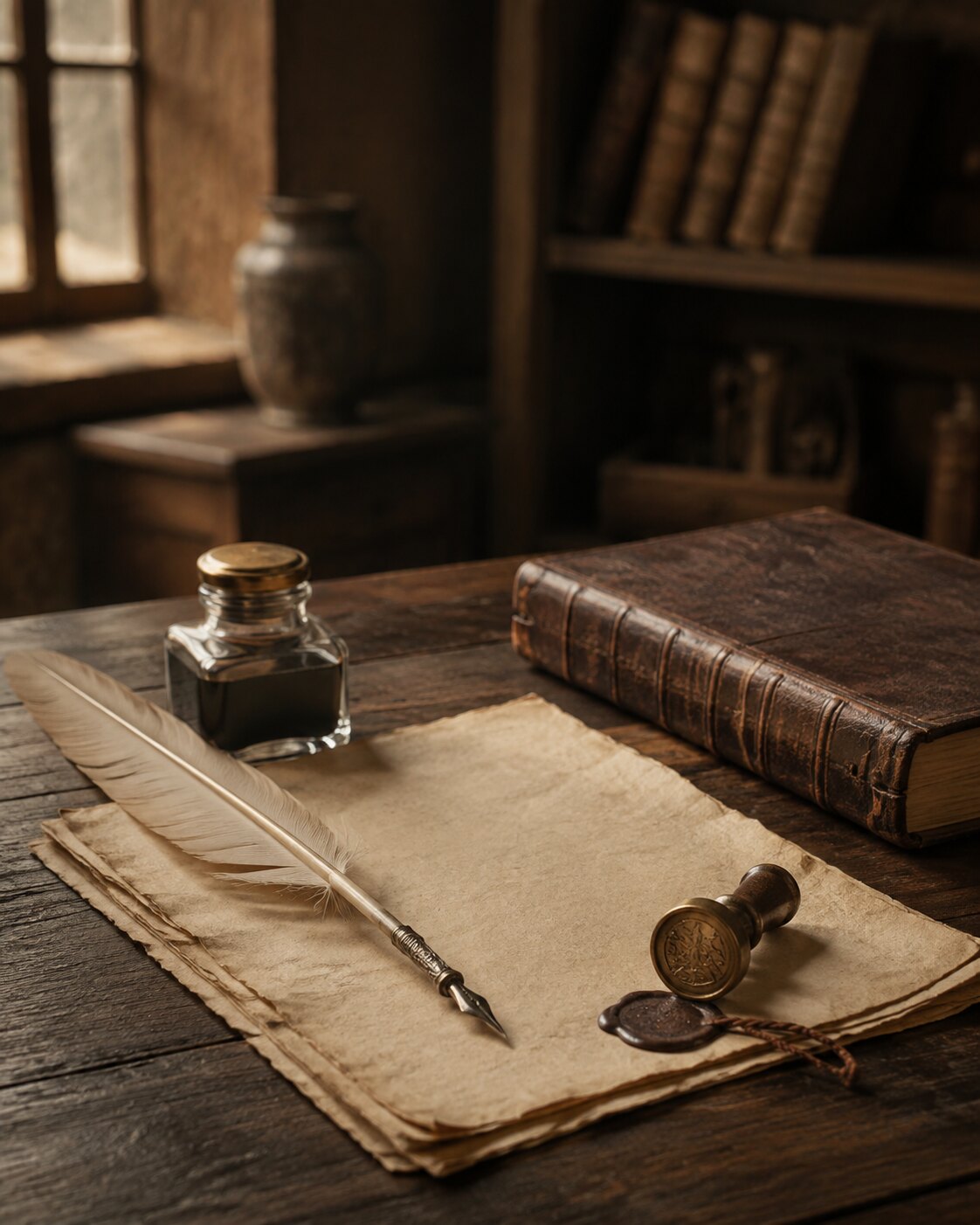 A medieval writing desk with quill, parchment and ink bottle