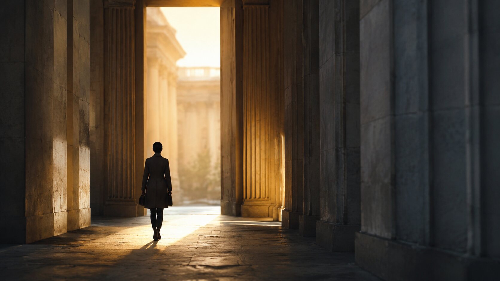 A person walking purposefully toward the light